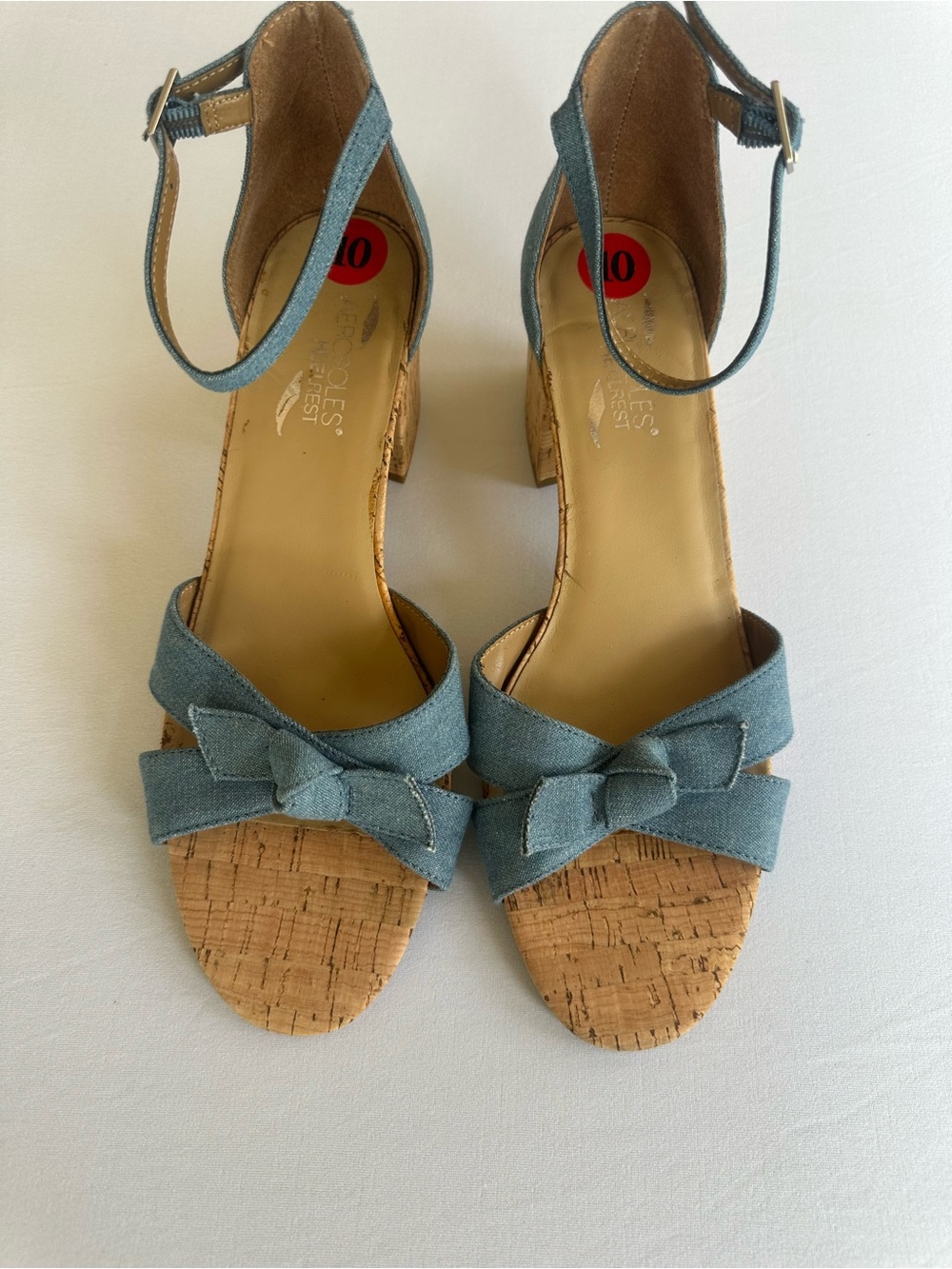 Aerosoles Heelrest Ankle-Strap Bow Sandals in Denim Blue Cork Heel Size 10
